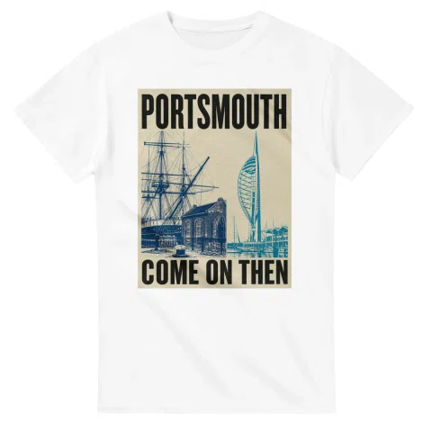 Two-colour scenic illustration for Portsmouth, with the place name and COME ON THEN lettering.