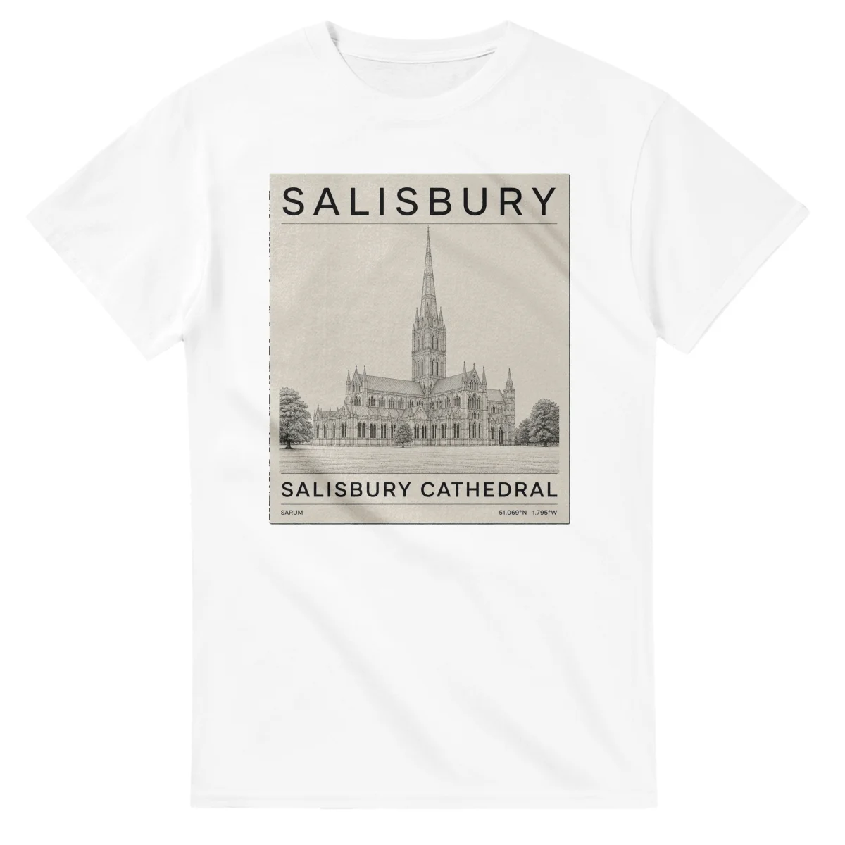Fine-line engraving-style drawing for Salisbury, with a landmark caption and small coordinate text.
