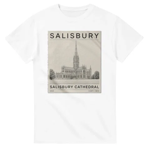 Fine-line engraving-style drawing for Salisbury, with a landmark caption and small coordinate text.
