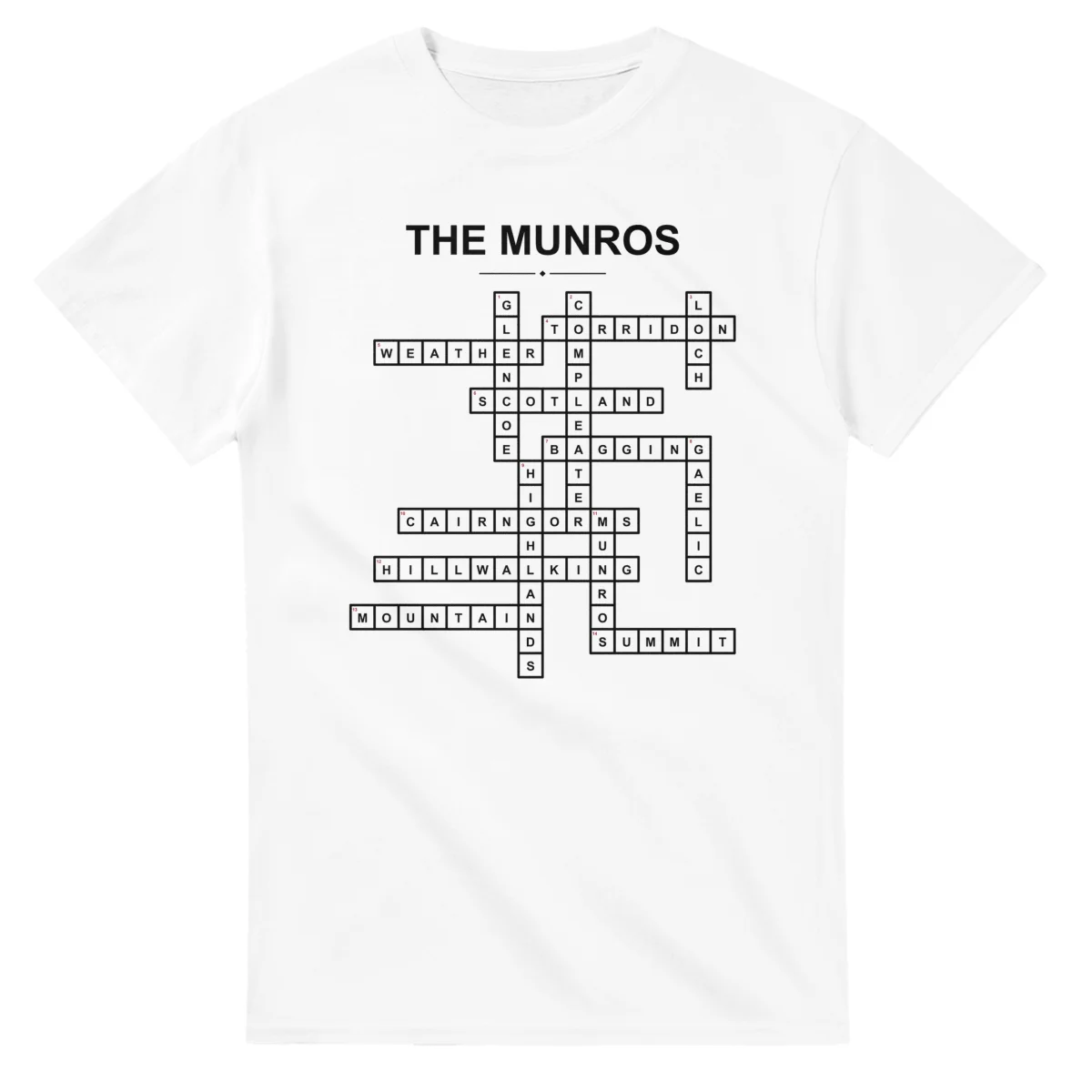 Monochrome crossword sheet for The Munros, with a large place-name heading, a letter grid, and numbered across and down clues.
