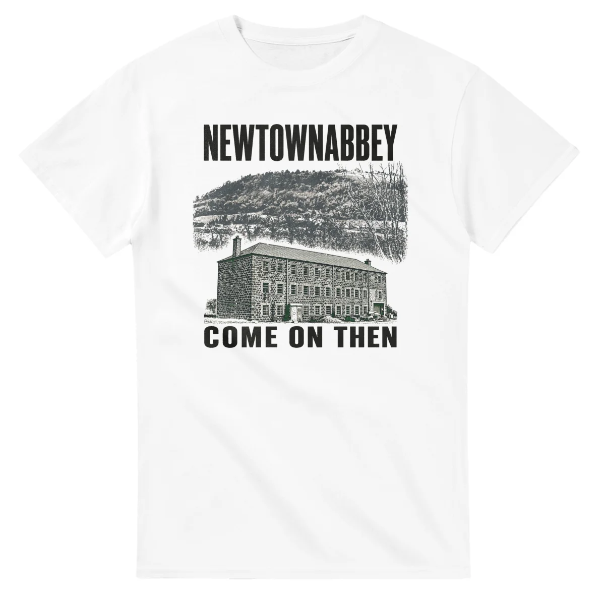 Two-colour scenic illustration for Newtownabbey, with the place name and COME ON THEN lettering.