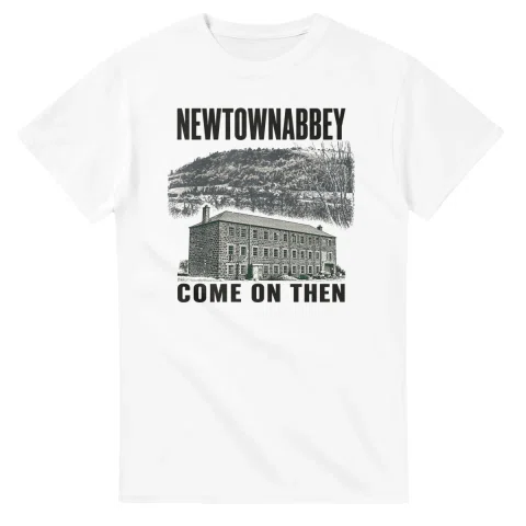 Two-colour scenic illustration for Newtownabbey, with the place name and COME ON THEN lettering.