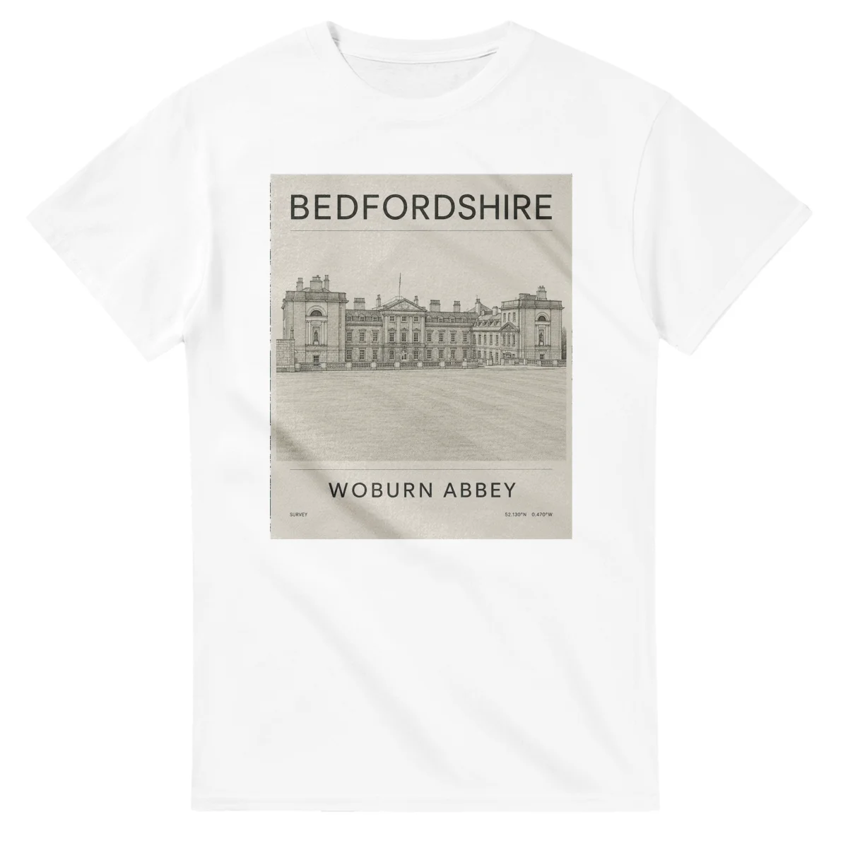 Fine-line engraving-style drawing for Bedfordshire, with a landmark caption and small coordinate text.