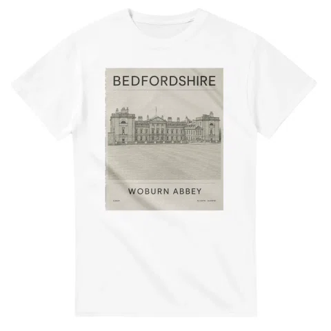 Fine-line engraving-style drawing for Bedfordshire, with a landmark caption and small coordinate text.
