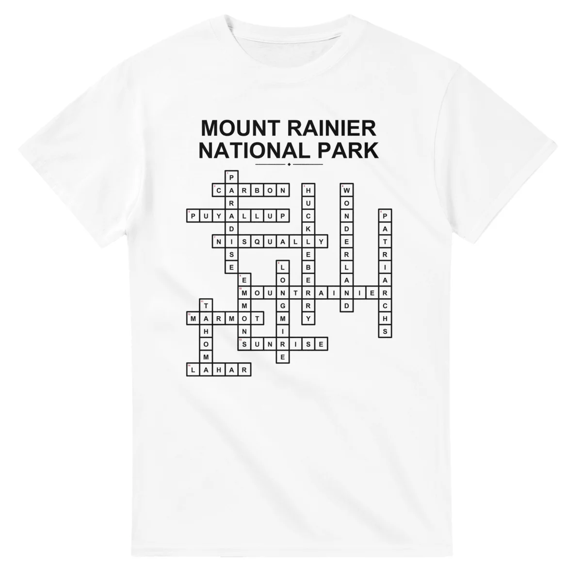 Monochrome crossword sheet for Mount Rainier National Park, with a large place-name heading, a letter grid, and numbered across and down clues.
