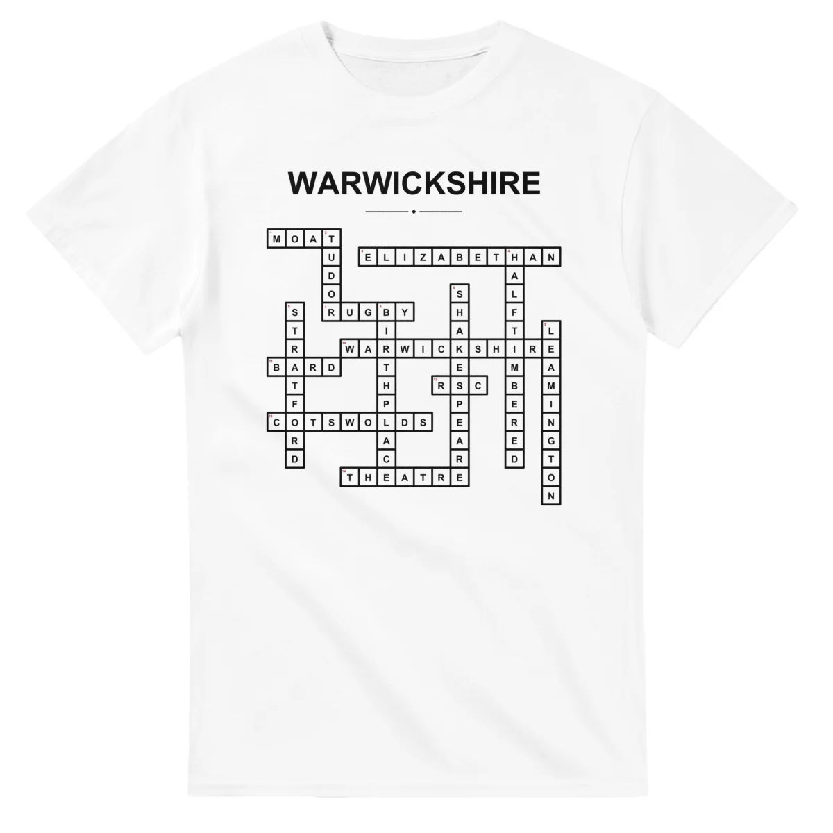 Monochrome crossword sheet for Warwickshire, with a large place-name heading, a letter grid, and numbered across and down clues.