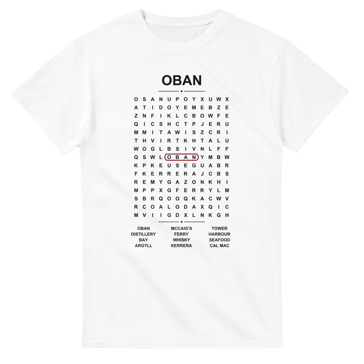 Word-search sheet for Oban, with a large place-name heading, a letter grid, a local answer list, and a red highlighted example word.