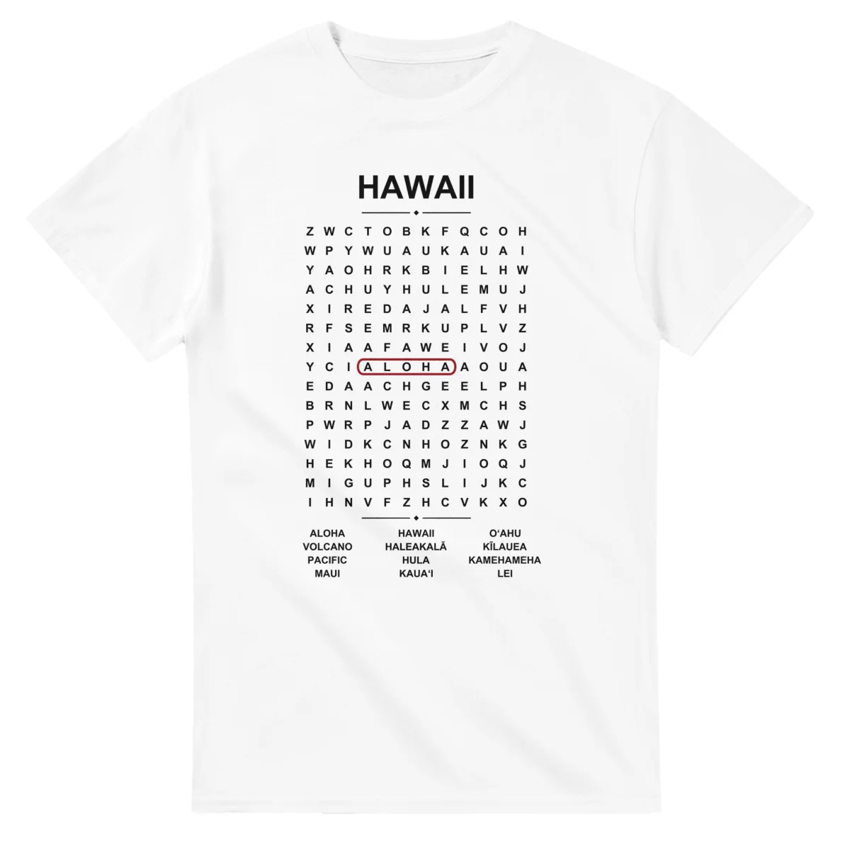 Word-search sheet for Hawaii, with a large place-name heading, a letter grid, a local answer list, and a red highlighted example word.