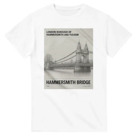 Fine-line engraving-style drawing for London Borough of Hammersmith and Fulham, with a landmark caption and small coordinate text.