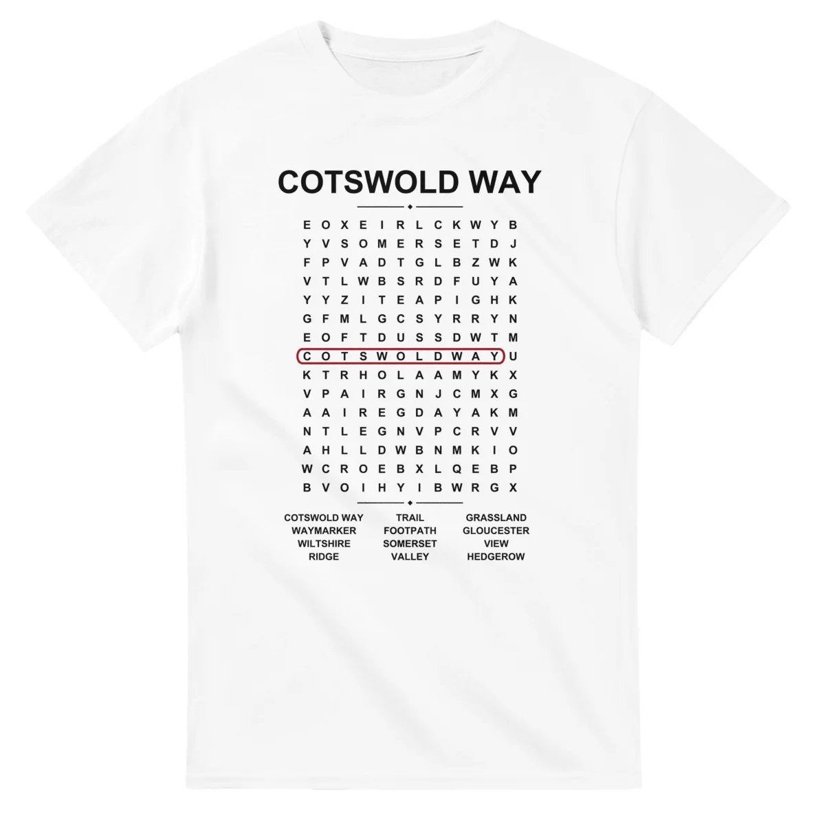 Word-search sheet for Cotswold Way, with a large place-name heading, a letter grid, a local answer list, and a red highlighted example word.