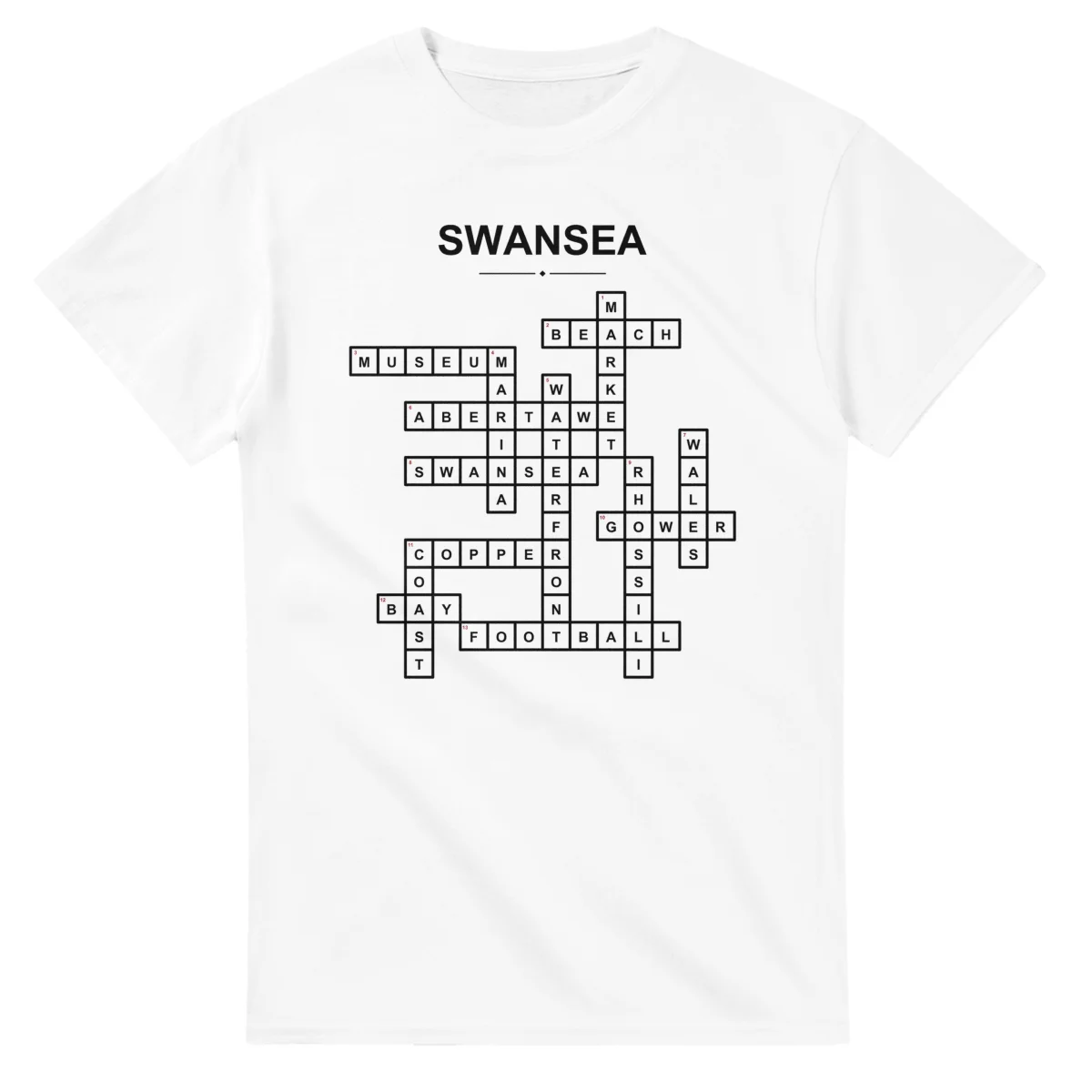 Monochrome crossword sheet for Swansea, with a large place-name heading, a letter grid, and numbered across and down clues.