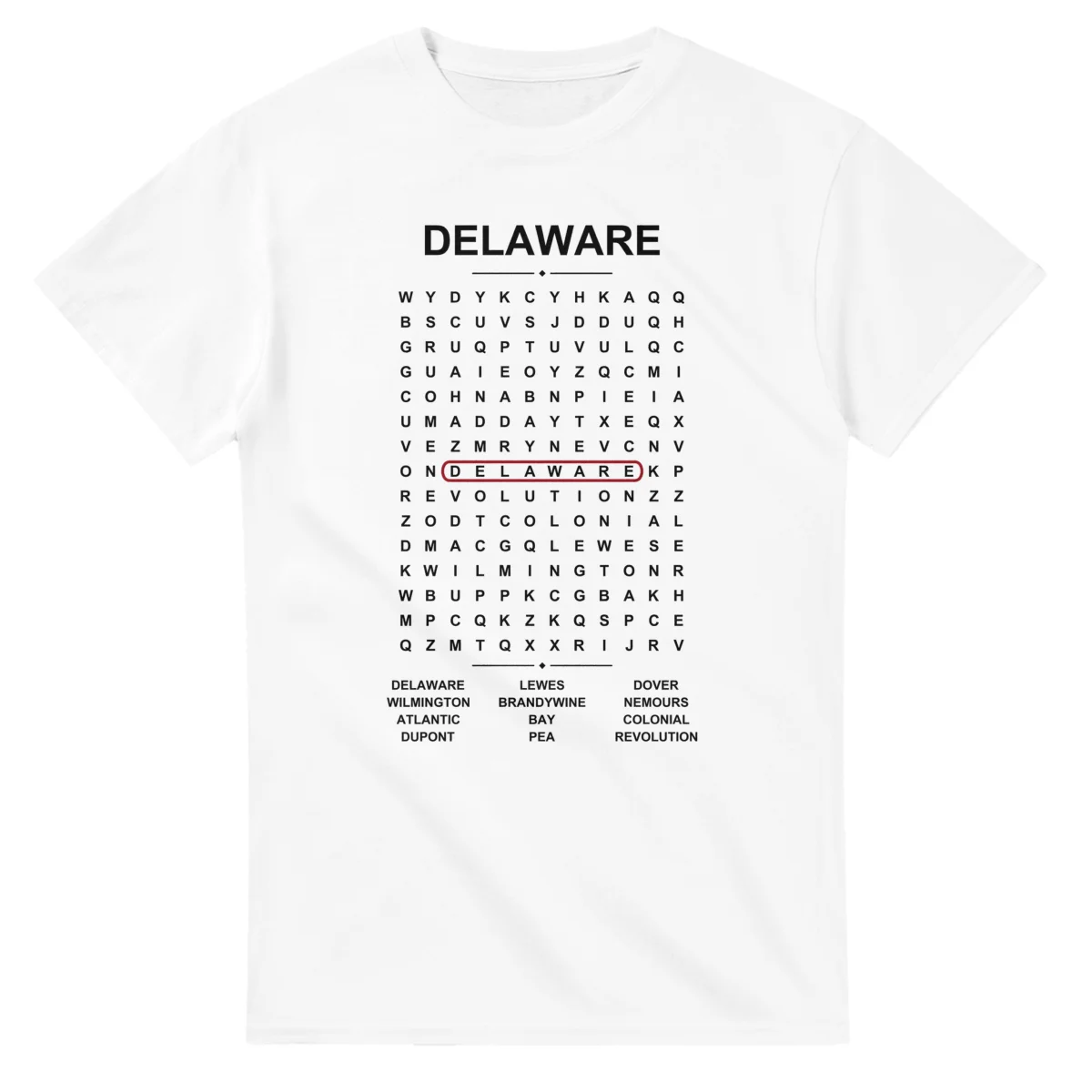 Word-search sheet for Delaware, with a large place-name heading, a letter grid, a local answer list, and a red highlighted example word.