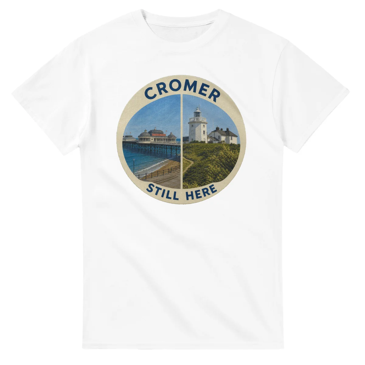 Painted, panelled scenic illustration for Cromer, with paired local scenes and the place name in lettering.