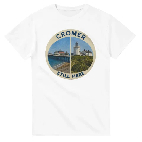 Painted, panelled scenic illustration for Cromer, with paired local scenes and the place name in lettering.