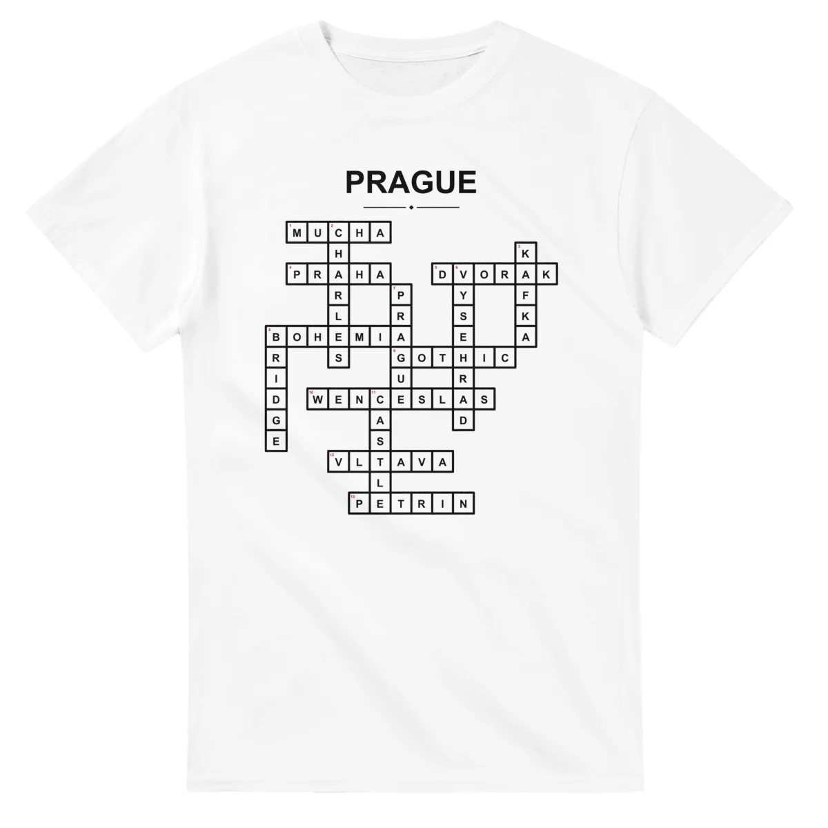 Monochrome crossword sheet for Prague, with a large place-name heading, a letter grid, and numbered across and down clues.