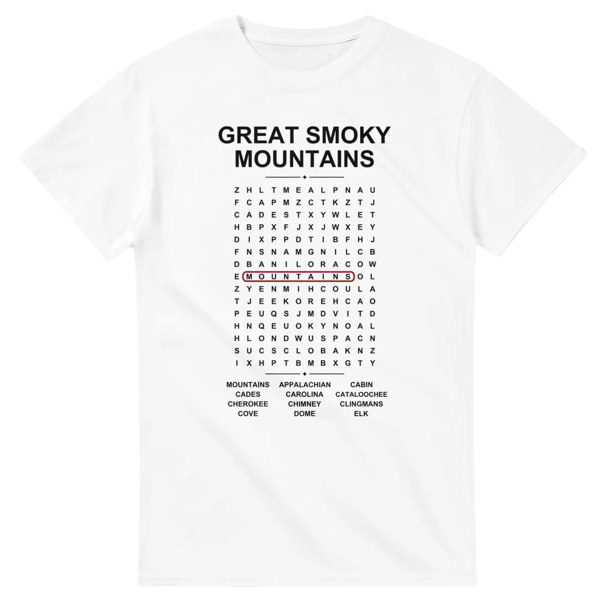 Word-search sheet for Great Smoky Mountains, with a large place-name heading, a letter grid, a local answer list, and a red highlighted example word.