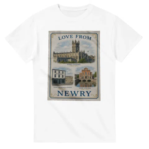 Framed scenic design for Newry, with several local views, a decorative border and LOVE FROM lettering.
