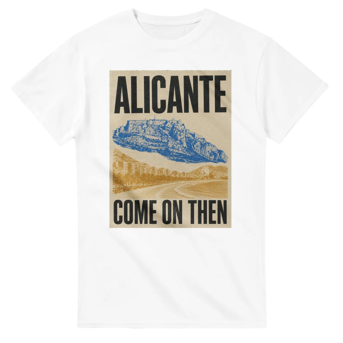 Two-colour scenic illustration for Alicante, with the place name and COME ON THEN lettering.