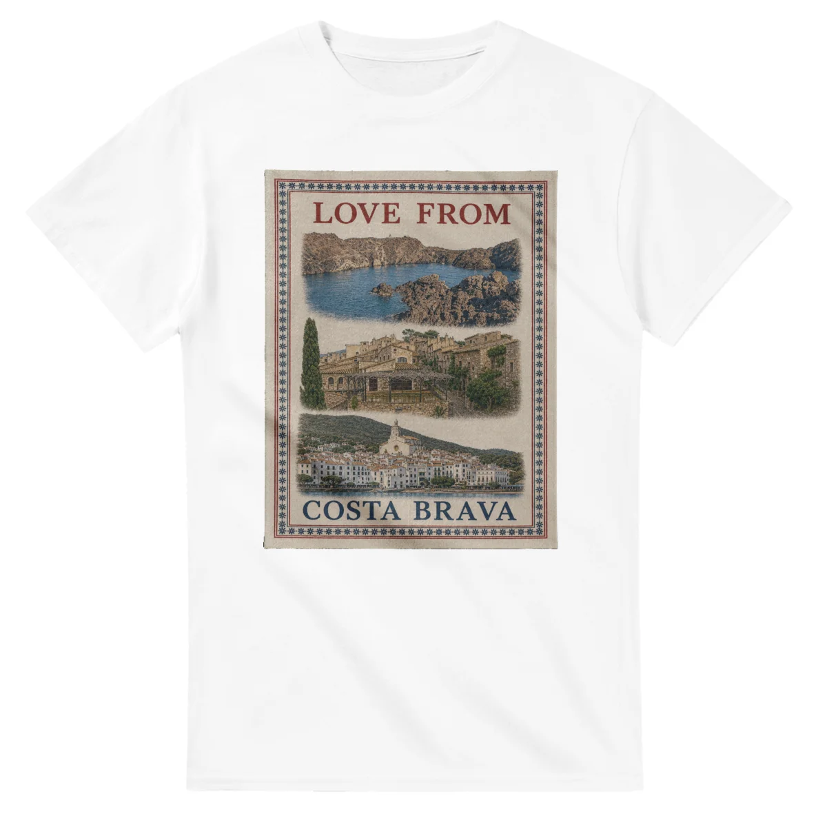 Framed scenic design for Costa Brava, with several local views, a decorative border and LOVE FROM lettering.