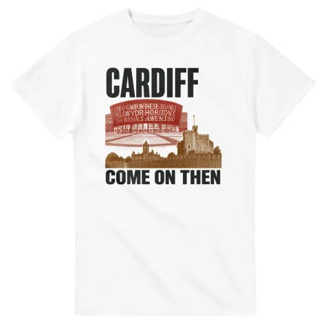 Two-colour scenic illustration for Cardiff, with the place name and COME ON THEN lettering.