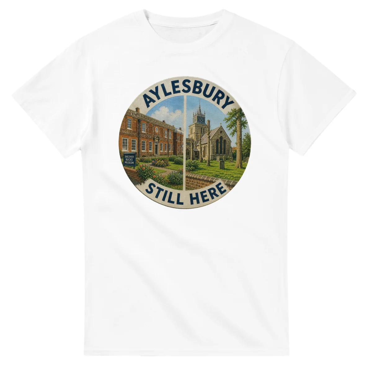 Painted, panelled scenic illustration for Aylesbury, with paired local scenes and the place name in lettering.
