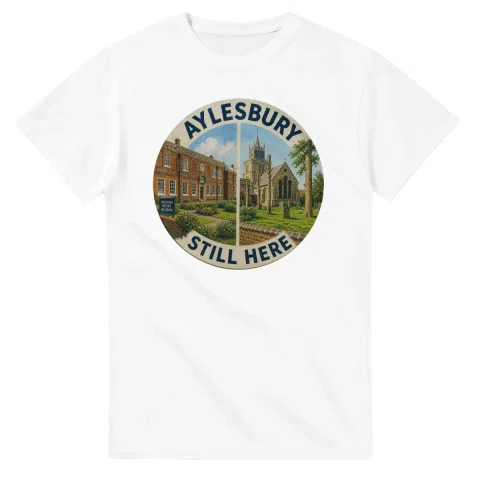 Painted, panelled scenic illustration for Aylesbury, with paired local scenes and the place name in lettering.