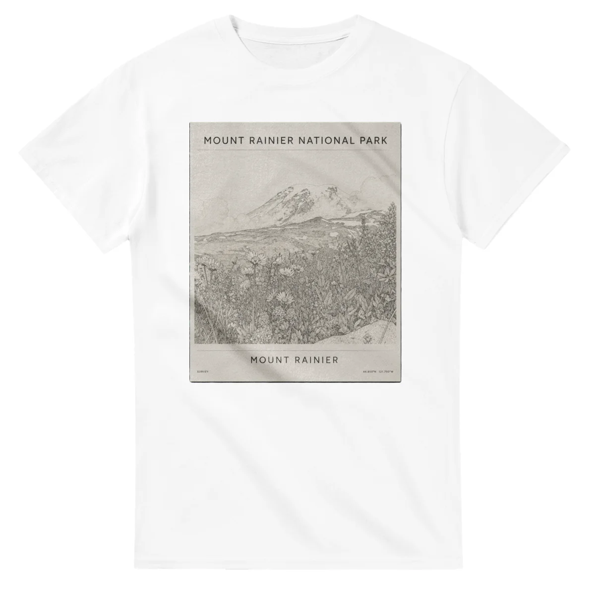 Fine-line engraving-style drawing for Mount Rainier National Park, with a landmark caption and small coordinate text.