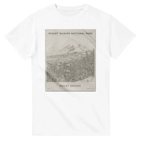 Fine-line engraving-style drawing for Mount Rainier National Park, with a landmark caption and small coordinate text.
