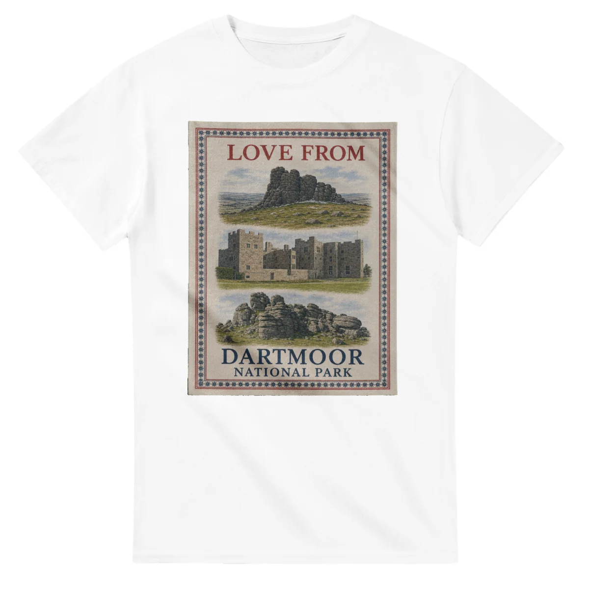 Framed scenic design for Dartmoor National Park, with several local views, a decorative border and LOVE FROM lettering.