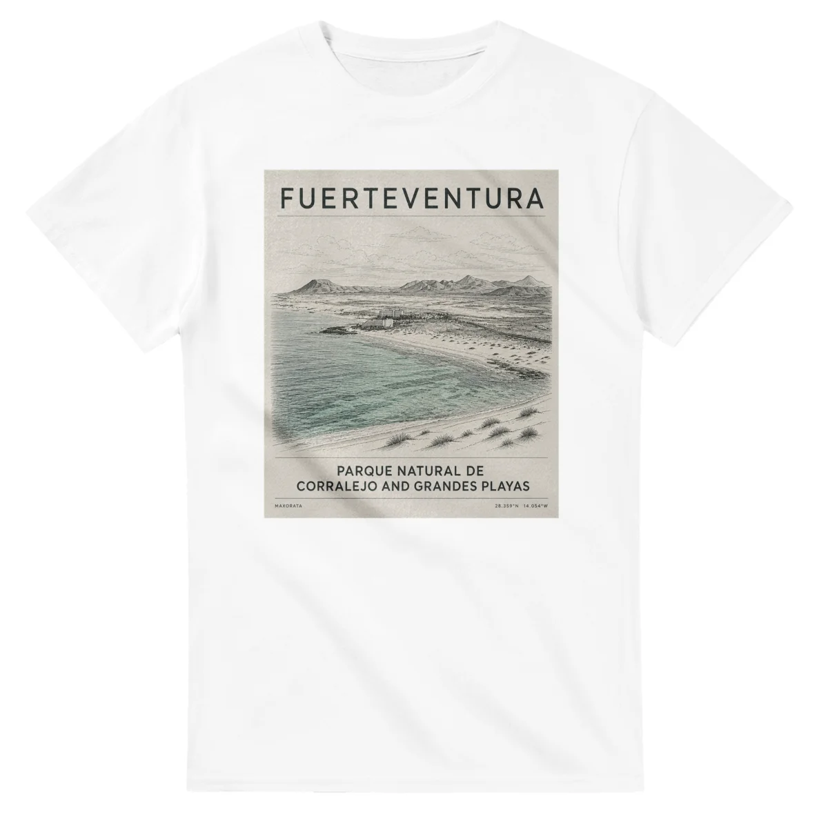 Fine-line engraving-style drawing for Fuerteventura, with a landmark caption and small coordinate text.