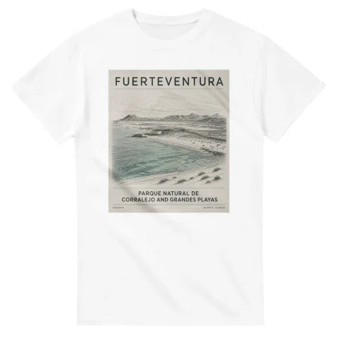 Fine-line engraving-style drawing for Fuerteventura, with a landmark caption and small coordinate text.