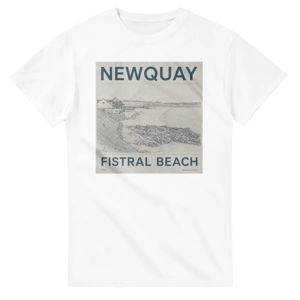 Fine-line engraving-style drawing for Newquay, with a landmark caption and small coordinate text.
