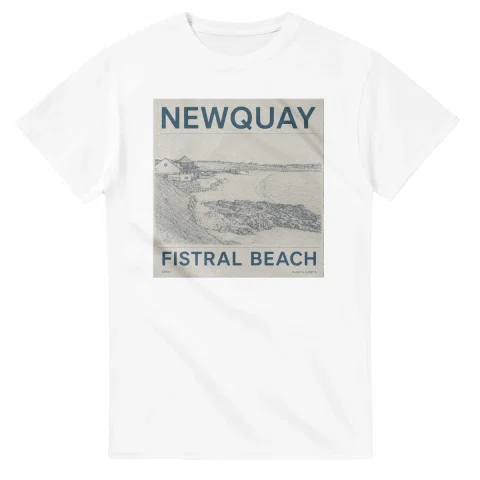 Fine-line engraving-style drawing for Newquay, with a landmark caption and small coordinate text.