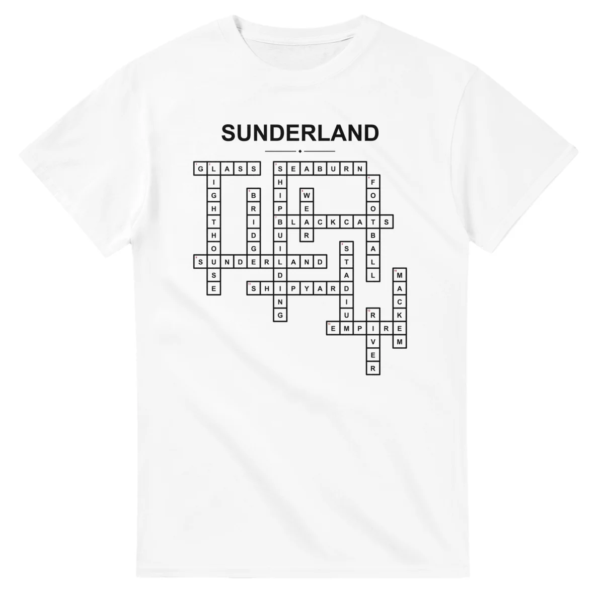 Monochrome crossword sheet for Sunderland, with a large place-name heading, a letter grid, and numbered across and down clues.