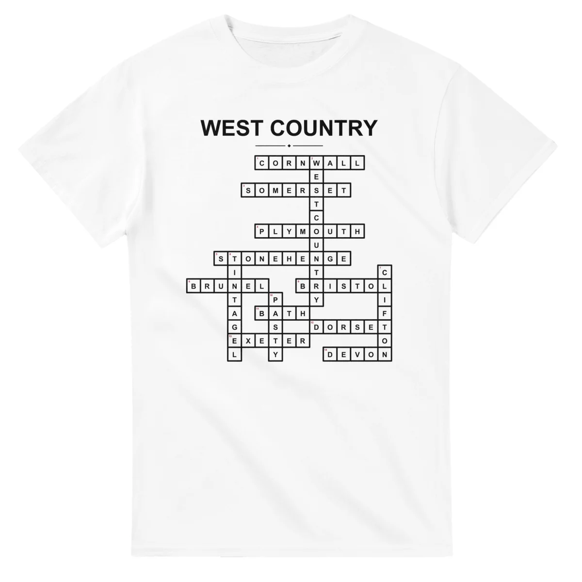Monochrome crossword sheet for West Country, with a large place-name heading, a letter grid, and numbered across and down clues.