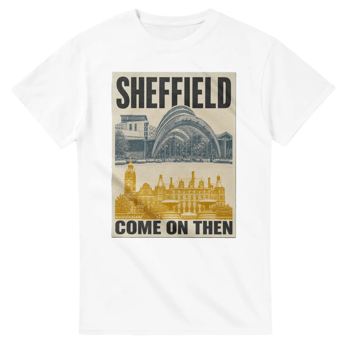 Two-colour scenic illustration for Sheffield, with the place name and COME ON THEN lettering.