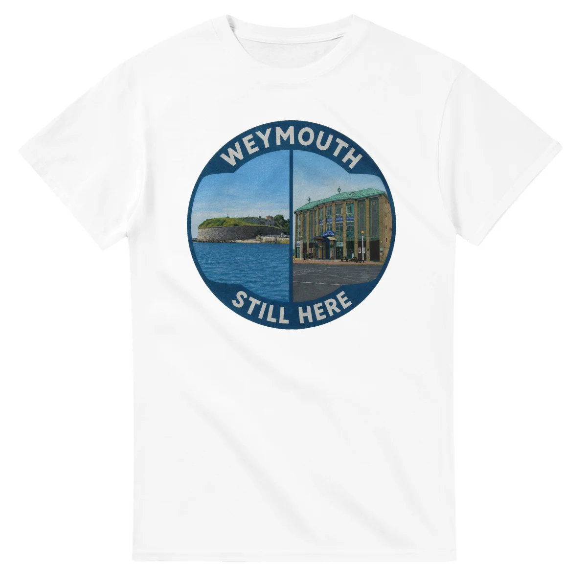 Painted, panelled scenic illustration for Weymouth, with paired local scenes and the place name in lettering.