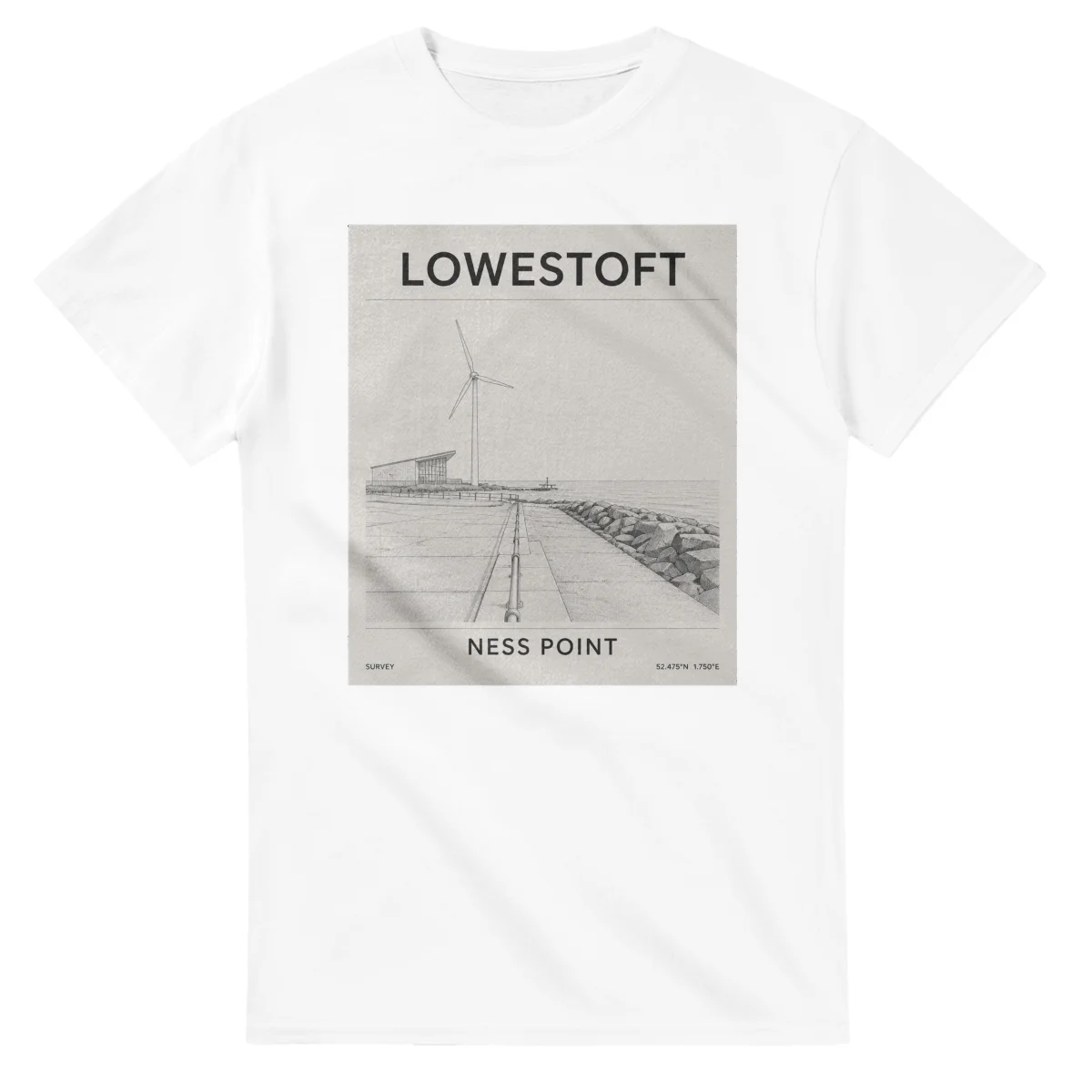 Fine-line engraving-style drawing for Lowestoft, with a landmark caption and small coordinate text.