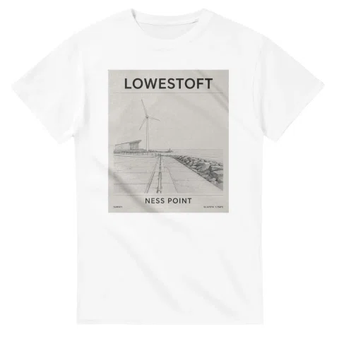 Fine-line engraving-style drawing for Lowestoft, with a landmark caption and small coordinate text.