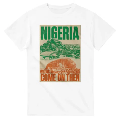 Two-colour scenic illustration for Nigeria, with the place name and COME ON THEN lettering.