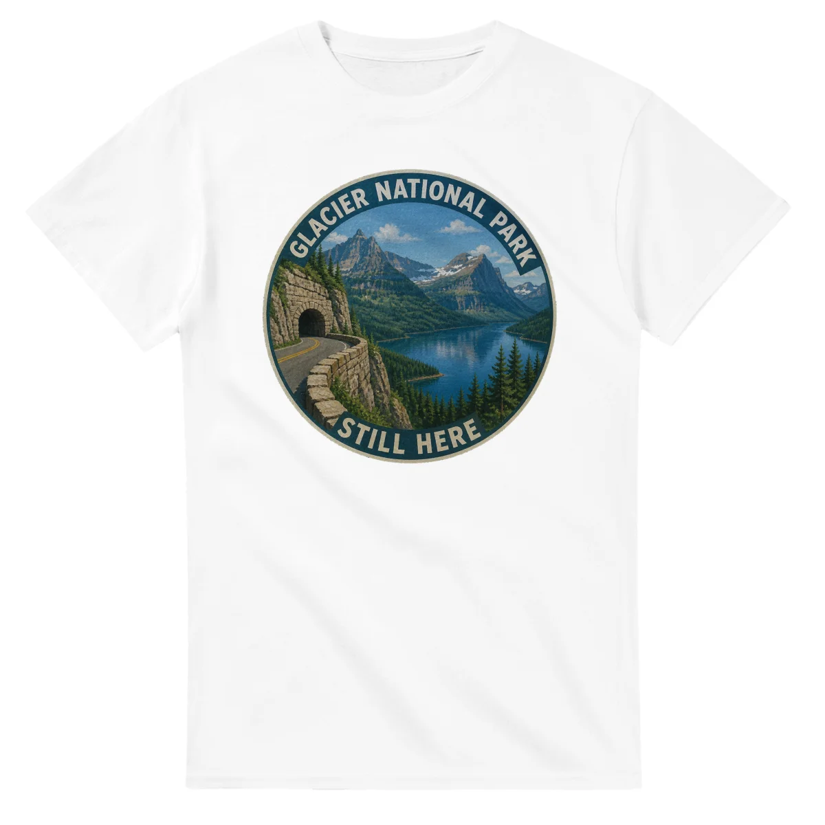 Painted, panelled scenic illustration for Glacier National Park, with paired local scenes and the place name in lettering.