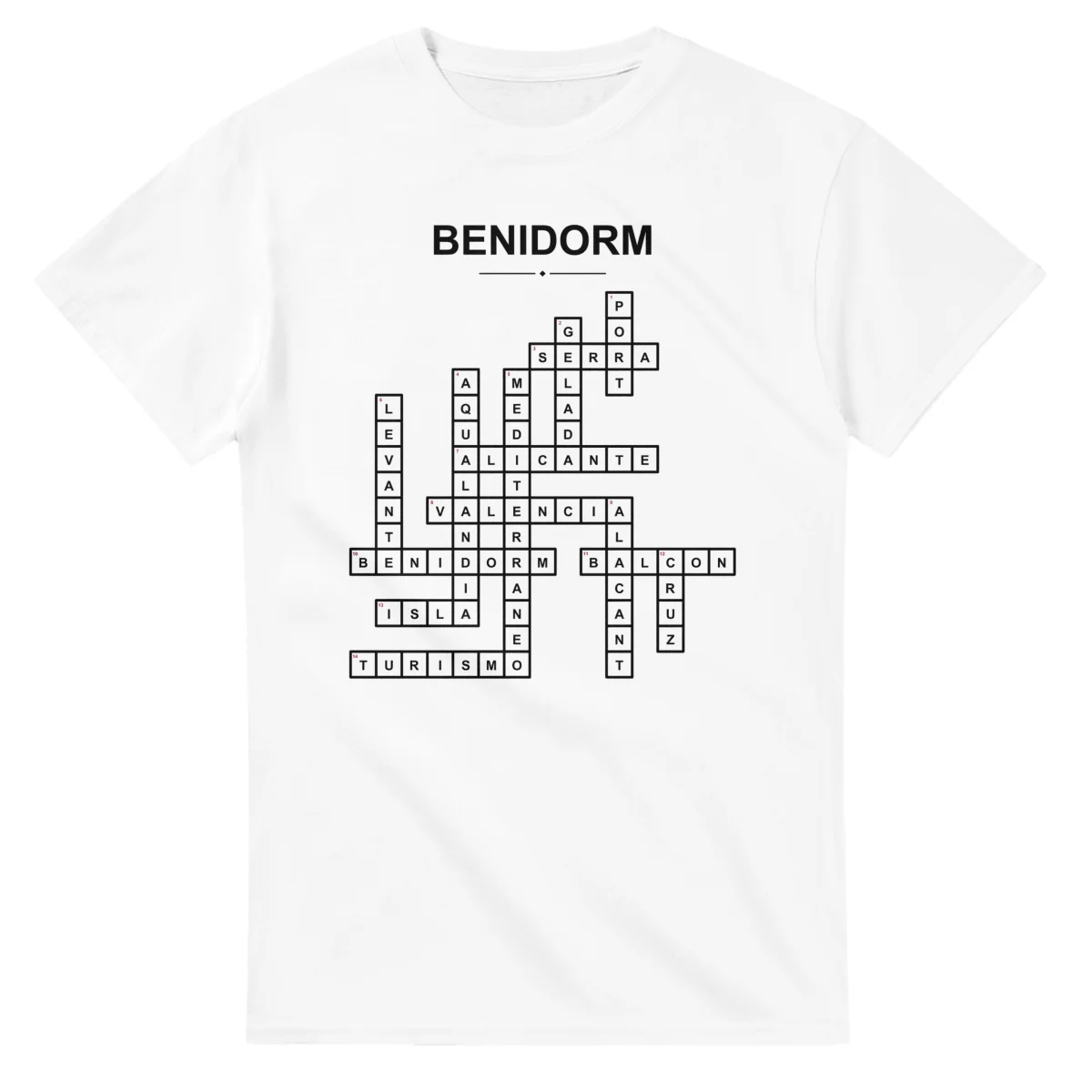 Monochrome crossword sheet for Benidorm, with a large place-name heading, a letter grid, and numbered across and down clues.