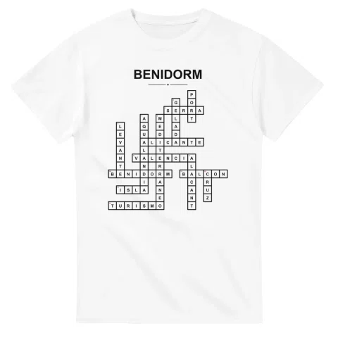 Monochrome crossword sheet for Benidorm, with a large place-name heading, a letter grid, and numbered across and down clues.