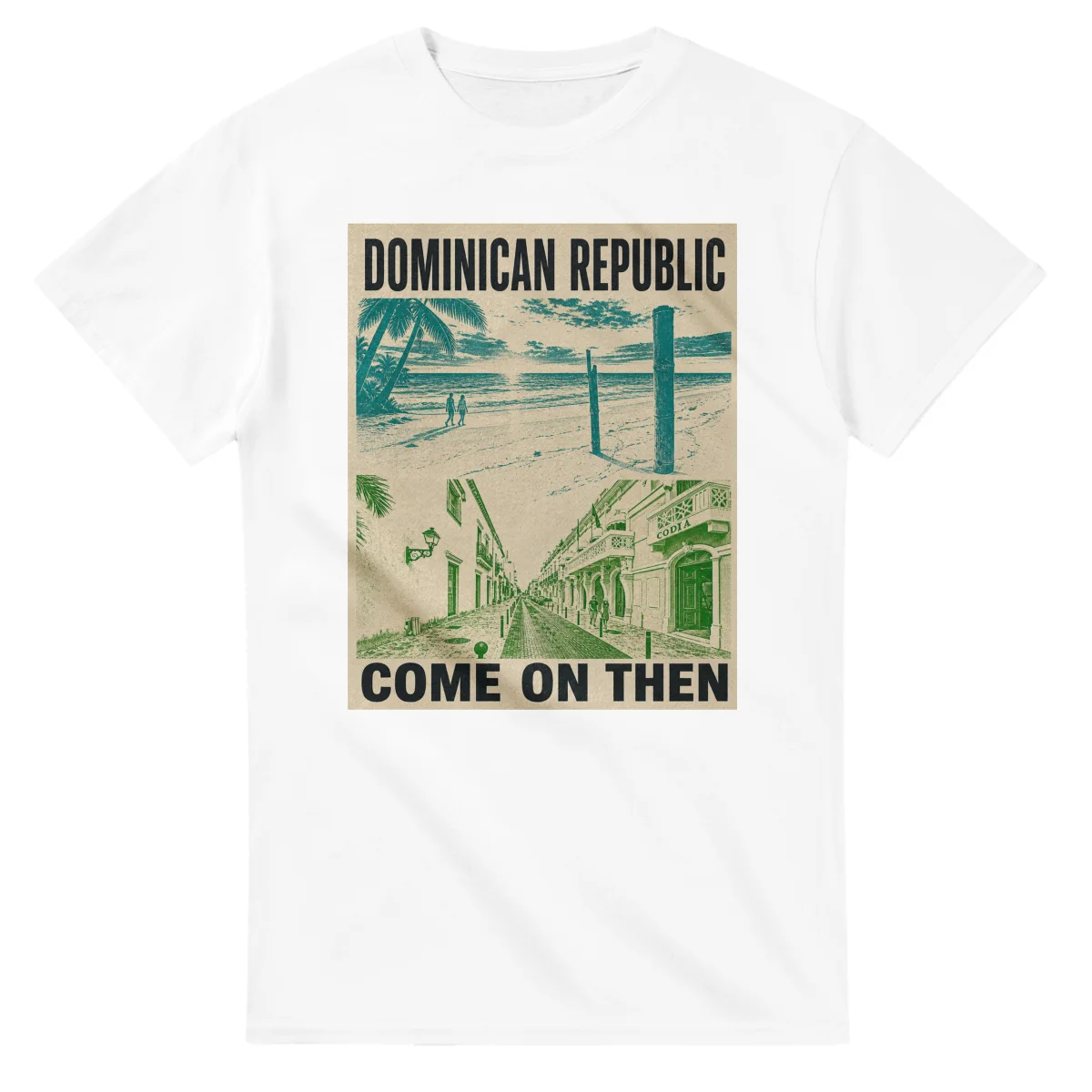Two-colour scenic illustration for Dominican Republic, with the place name and COME ON THEN lettering.