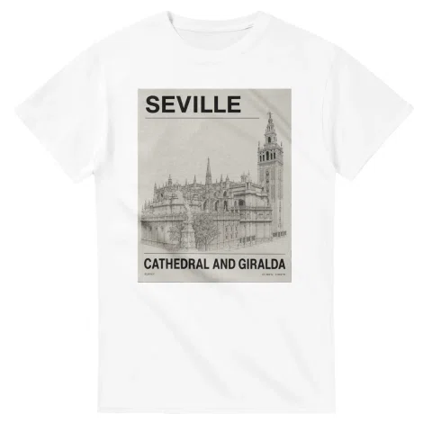 Fine-line engraving-style drawing for Seville, with a landmark caption and small coordinate text.