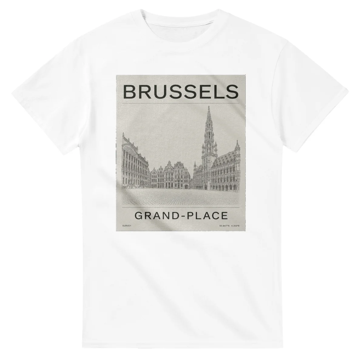 Fine-line engraving-style drawing for Brussels, with a landmark caption and small coordinate text.