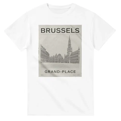 Fine-line engraving-style drawing for Brussels, with a landmark caption and small coordinate text.