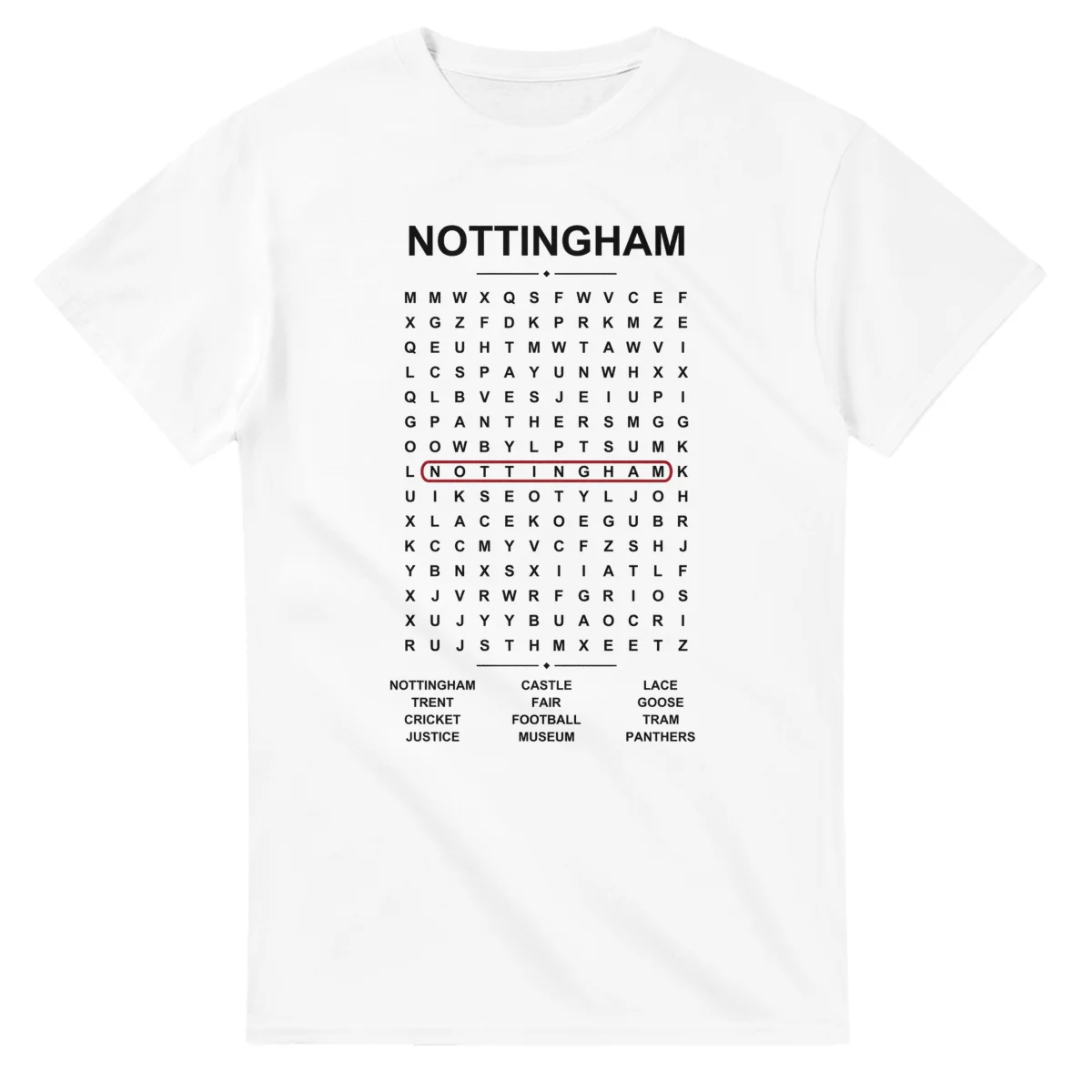 Word-search sheet for Nottingham, with a large place-name heading, a letter grid, a local answer list, and a red highlighted example word.