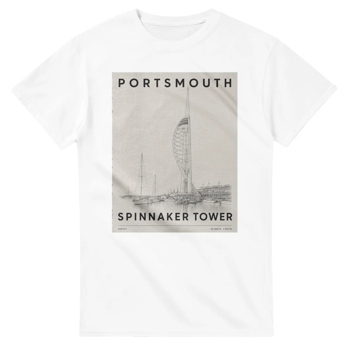 Fine-line engraving-style drawing for Portsmouth, with a landmark caption and small coordinate text.