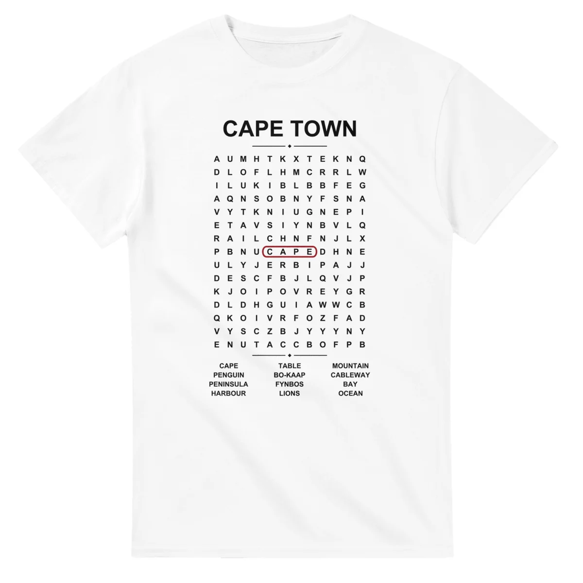 Word-search sheet for Cape Town, with a large place-name heading, a letter grid, a local answer list, and a red highlighted example word.